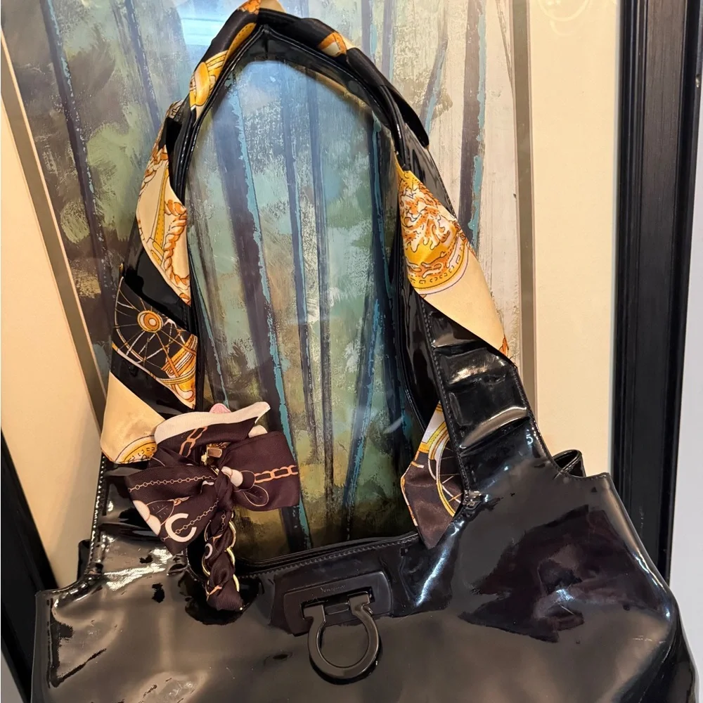 Salvatore Ferragamo Black Patent Leather Gancini LARGE Tote/ Shoulder Bag